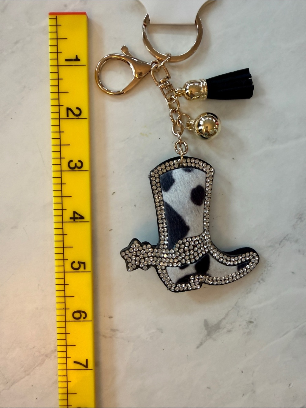 ✨ Giddy Up! Western Rhinestone Black & White Cowhide Cowboy Boot Puffy Keychain - Picture 3 of 7